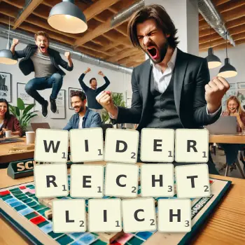Kreative Illustration für ein Scrabble-Spiel, bei dem das Wort WIDERRECHTLICH mit Steinen auf dem Brett gelegt wurde.