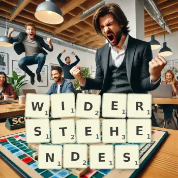 Kreative Illustration für ein Scrabble-Spiel, bei dem das Wort WIDERSTEHENDES mit Steinen auf dem Brett gelegt wurde.