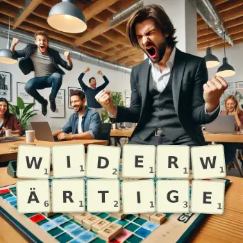 Kreative Illustration für ein Scrabble-Spiel, bei dem das Wort WIDERWÄRTIGE mit Steinen auf dem Brett gelegt wurde.