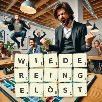 Kreative Illustration für ein Scrabble-Spiel, bei dem das Wort WIEDEREINGELÖST mit Steinen auf dem Brett gelegt wurde.