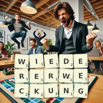 Kreative Illustration für ein Scrabble-Spiel, bei dem das Wort WIEDERERWECKUNG mit Steinen auf dem Brett gelegt wurde.