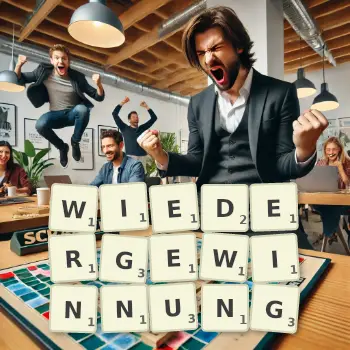 Kreative Illustration für ein Scrabble-Spiel, bei dem das Wort WIEDERGEWINNUNG mit Steinen auf dem Brett gelegt wurde.