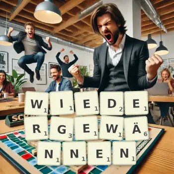 Kreative Illustration für ein Scrabble-Spiel, bei dem das Wort WIEDERGEWÄNNEN mit Steinen auf dem Brett gelegt wurde.
