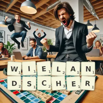 Kreative Illustration für ein Scrabble-Spiel, bei dem das Wort WIELANDSCHER mit Steinen auf dem Brett gelegt wurde.
