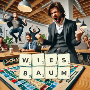 Kreative Illustration für ein Scrabble-Spiel, bei dem das Wort WIESBAUM mit Steinen auf dem Brett gelegt wurde.