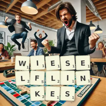 Kreative Illustration für ein Scrabble-Spiel, bei dem das Wort WIESELFLINKES mit Steinen auf dem Brett gelegt wurde.