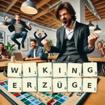 Kreative Illustration für ein Scrabble-Spiel, bei dem das Wort WIKINGERZÜGE mit Steinen auf dem Brett gelegt wurde.