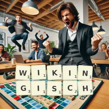 Kreative Illustration für ein Scrabble-Spiel, bei dem das Wort WIKINGISCH mit Steinen auf dem Brett gelegt wurde.