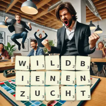 Kreative Illustration für ein Scrabble-Spiel, bei dem das Wort WILDBIENENZUCHT mit Steinen auf dem Brett gelegt wurde.
