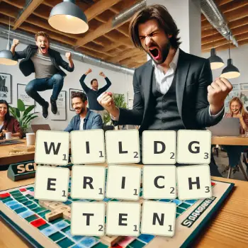 Kreative Illustration für ein Scrabble-Spiel, bei dem das Wort WILDGERICHTEN mit Steinen auf dem Brett gelegt wurde.
