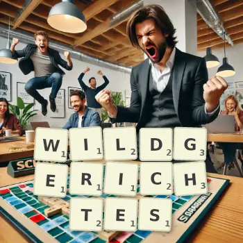 Kreative Illustration für ein Scrabble-Spiel, bei dem das Wort WILDGERICHTES mit Steinen auf dem Brett gelegt wurde.