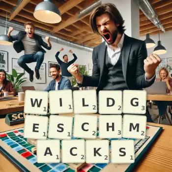 Kreative Illustration für ein Scrabble-Spiel, bei dem das Wort WILDGESCHMACKS mit Steinen auf dem Brett gelegt wurde.