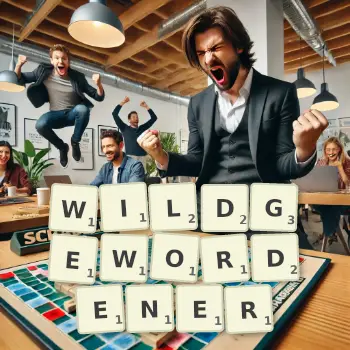 Kreative Illustration für ein Scrabble-Spiel, bei dem das Wort WILDGEWORDENER mit Steinen auf dem Brett gelegt wurde.