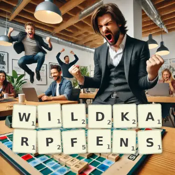 Kreative Illustration für ein Scrabble-Spiel, bei dem das Wort WILDKARPFENS mit Steinen auf dem Brett gelegt wurde.