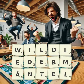Kreative Illustration für ein Scrabble-Spiel, bei dem das Wort WILDLEDERMÄNTEL mit Steinen auf dem Brett gelegt wurde.
