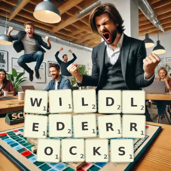 Kreative Illustration für ein Scrabble-Spiel, bei dem das Wort WILDLEDERROCKS mit Steinen auf dem Brett gelegt wurde.