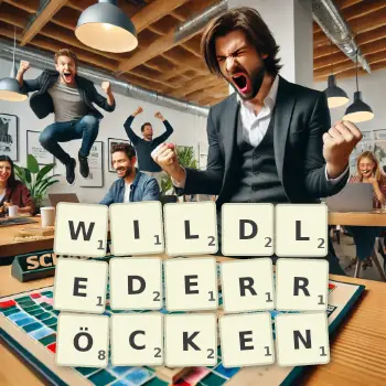 Kreative Illustration für ein Scrabble-Spiel, bei dem das Wort WILDLEDERRÖCKEN mit Steinen auf dem Brett gelegt wurde.