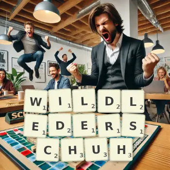 Kreative Illustration für ein Scrabble-Spiel, bei dem das Wort WILDLEDERSCHUH mit Steinen auf dem Brett gelegt wurde.