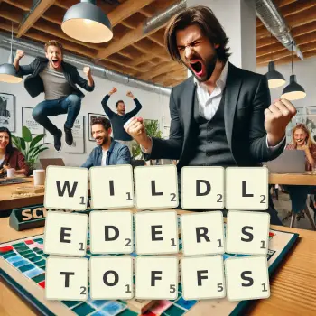 Kreative Illustration für ein Scrabble-Spiel, bei dem das Wort WILDLEDERSTOFFS mit Steinen auf dem Brett gelegt wurde.