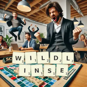 Kreative Illustration für ein Scrabble-Spiel, bei dem das Wort WILDLINSE mit Steinen auf dem Brett gelegt wurde.