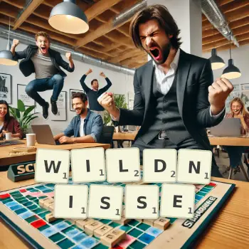 Kreative Illustration für ein Scrabble-Spiel, bei dem das Wort WILDNISSE mit Steinen auf dem Brett gelegt wurde.