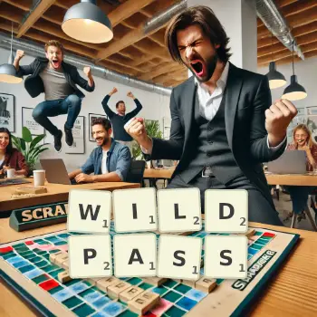 Kreative Illustration für ein Scrabble-Spiel, bei dem das Wort WILDPASS mit Steinen auf dem Brett gelegt wurde.