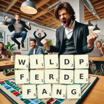 Kreative Illustration für ein Scrabble-Spiel, bei dem das Wort WILDPFERDEFANG mit Steinen auf dem Brett gelegt wurde.