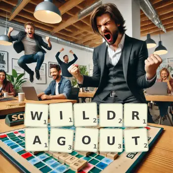 Kreative Illustration für ein Scrabble-Spiel, bei dem das Wort WILDRAGOUT mit Steinen auf dem Brett gelegt wurde.