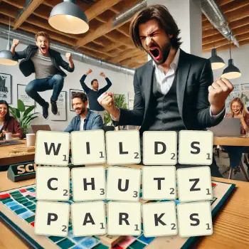 Kreative Illustration für ein Scrabble-Spiel, bei dem das Wort WILDSCHUTZPARKS mit Steinen auf dem Brett gelegt wurde.