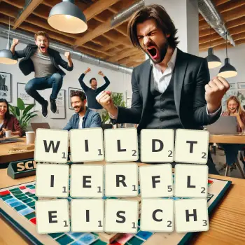 Kreative Illustration für ein Scrabble-Spiel, bei dem das Wort WILDTIERFLEISCH mit Steinen auf dem Brett gelegt wurde.
