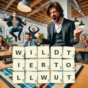 Kreative Illustration für ein Scrabble-Spiel, bei dem das Wort WILDTIERTOLLWUT mit Steinen auf dem Brett gelegt wurde.