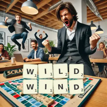 Kreative Illustration für ein Scrabble-Spiel, bei dem das Wort WILDWIND mit Steinen auf dem Brett gelegt wurde.