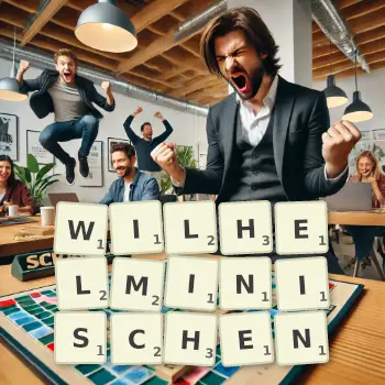 Kreative Illustration für ein Scrabble-Spiel, bei dem das Wort WILHELMINISCHEN mit Steinen auf dem Brett gelegt wurde.