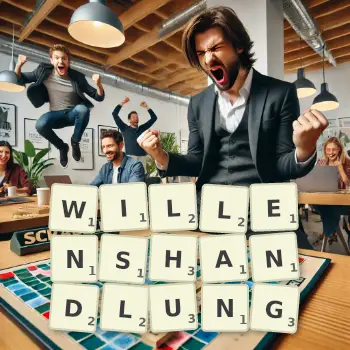Kreative Illustration für ein Scrabble-Spiel, bei dem das Wort WILLENSHANDLUNG mit Steinen auf dem Brett gelegt wurde.