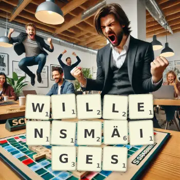 Kreative Illustration für ein Scrabble-Spiel, bei dem das Wort WILLENSMÄIGES mit Steinen auf dem Brett gelegt wurde.