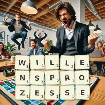 Kreative Illustration für ein Scrabble-Spiel, bei dem das Wort WILLENSPROZESSE mit Steinen auf dem Brett gelegt wurde.
