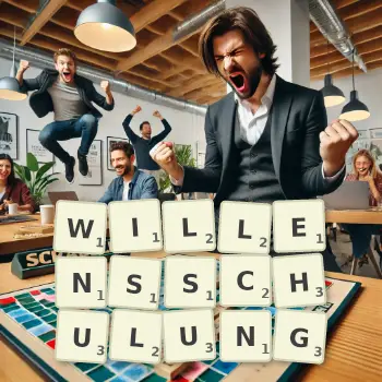 Kreative Illustration für ein Scrabble-Spiel, bei dem das Wort WILLENSSCHULUNG mit Steinen auf dem Brett gelegt wurde.