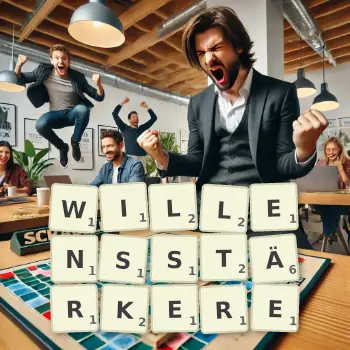 Kreative Illustration für ein Scrabble-Spiel, bei dem das Wort WILLENSSTÄRKERE mit Steinen auf dem Brett gelegt wurde.