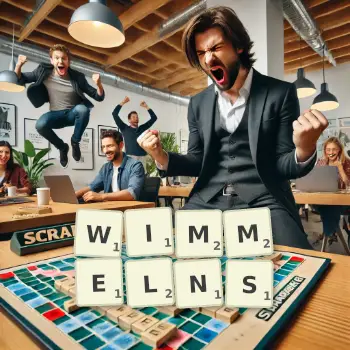 Kreative Illustration für ein Scrabble-Spiel, bei dem das Wort WIMMELNS mit Steinen auf dem Brett gelegt wurde.