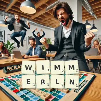 Kreative Illustration für ein Scrabble-Spiel, bei dem das Wort WIMMERLN mit Steinen auf dem Brett gelegt wurde.