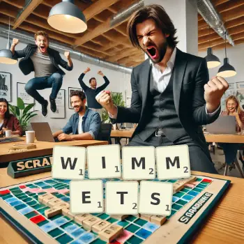 Kreative Illustration für ein Scrabble-Spiel, bei dem das Wort WIMMETS mit Steinen auf dem Brett gelegt wurde.