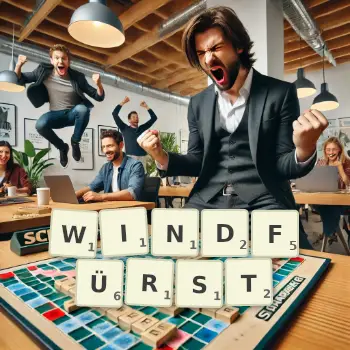Kreative Illustration für ein Scrabble-Spiel, bei dem das Wort WINDFÜRST mit Steinen auf dem Brett gelegt wurde.