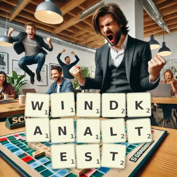 Kreative Illustration für ein Scrabble-Spiel, bei dem das Wort WINDKANALTEST mit Steinen auf dem Brett gelegt wurde.