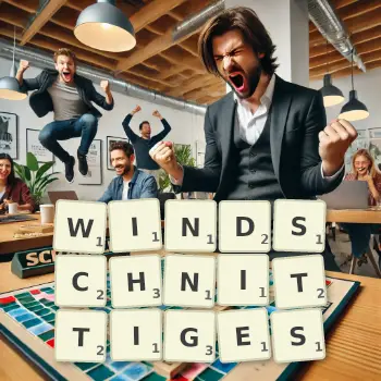 Kreative Illustration für ein Scrabble-Spiel, bei dem das Wort WINDSCHNITTIGES mit Steinen auf dem Brett gelegt wurde.