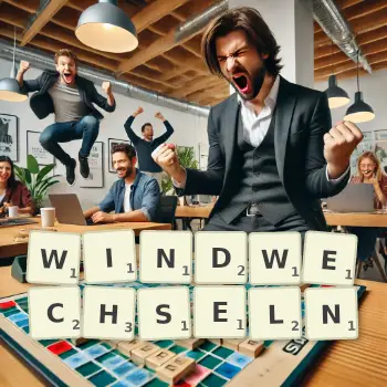 Kreative Illustration für ein Scrabble-Spiel, bei dem das Wort WINDWECHSELN mit Steinen auf dem Brett gelegt wurde.