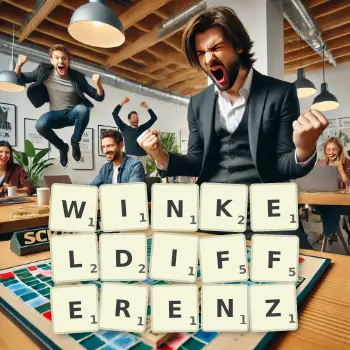 Kreative Illustration für ein Scrabble-Spiel, bei dem das Wort WINKELDIFFERENZ mit Steinen auf dem Brett gelegt wurde.