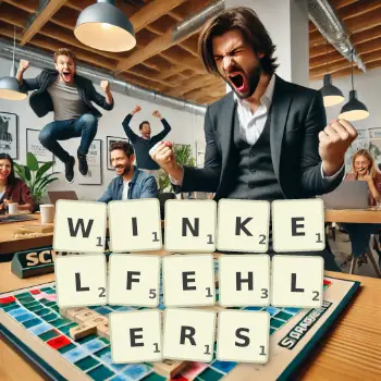 Kreative Illustration für ein Scrabble-Spiel, bei dem das Wort WINKELFEHLERS mit Steinen auf dem Brett gelegt wurde.