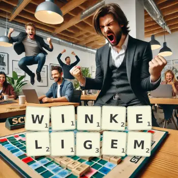 Kreative Illustration für ein Scrabble-Spiel, bei dem das Wort WINKELIGEM mit Steinen auf dem Brett gelegt wurde.
