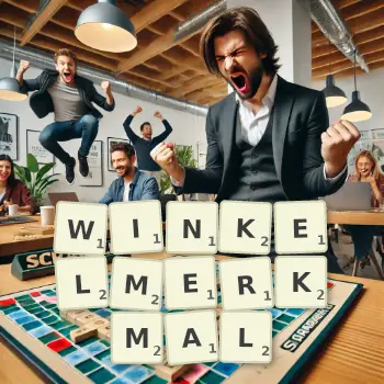 Kreative Illustration für ein Scrabble-Spiel, bei dem das Wort WINKELMERKMAL mit Steinen auf dem Brett gelegt wurde.