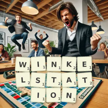 Kreative Illustration für ein Scrabble-Spiel, bei dem das Wort WINKELSTATION mit Steinen auf dem Brett gelegt wurde.
